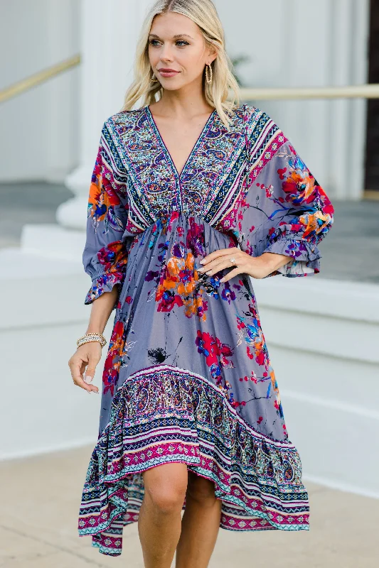 Mid-length Style Influenced By Florals Gray Floral Midi Dress