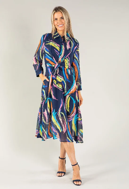 Slightly Flared Design Abstract Shirt Style Woven Dress