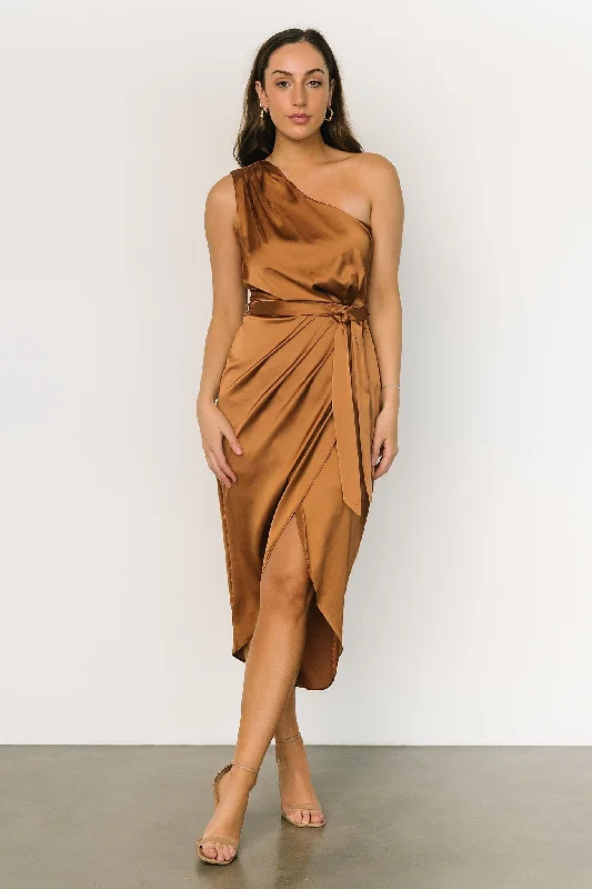 Designer Style Celia One Shoulder Midi Dress | Bronze
