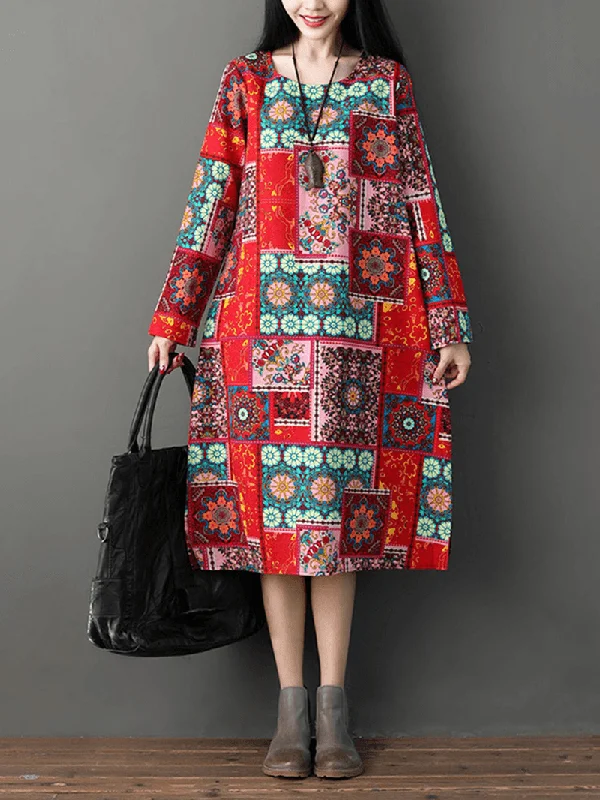 College Style Women Casual Loose Printed O-Neck Long Sleeve Dress