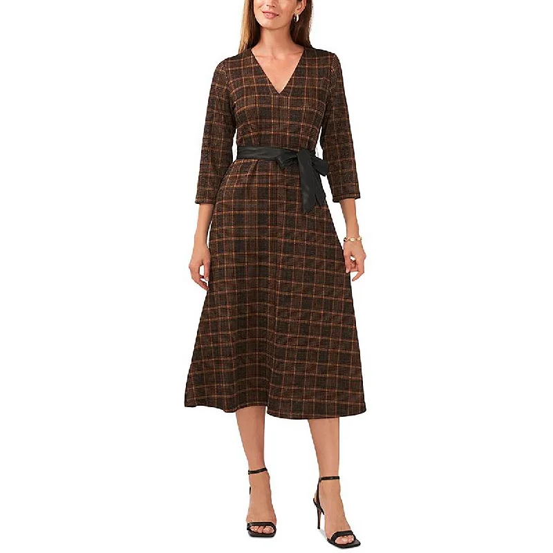 Nightclub Style MSK Womens Plus Knit Plaid Midi Dress