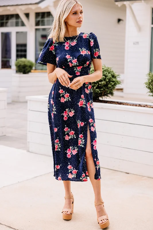 Sports And Leisure Here We Go Navy Blue Mixed Print Midi Dress