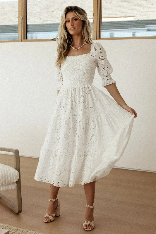 Moisture wicking Ella Eyelet Midi Dress | White