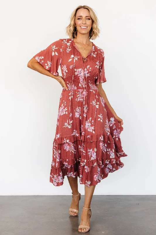 Hooded design Spell Boho Midi Dress | Terracotta Floral