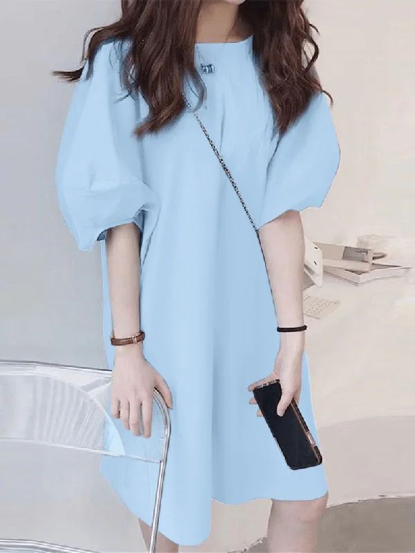 Classic Women 100% Cotton Solid Puff Sleeve Bohemian Style Dress