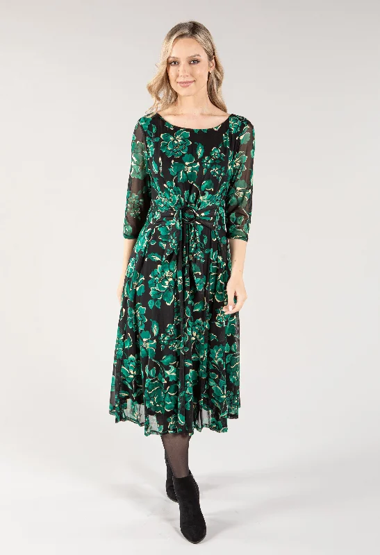 French Style O Ring Detail Floral Midi Dress