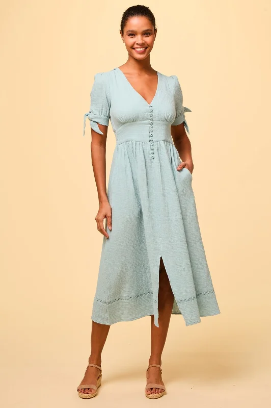Single-shoulder Neck Design Olga Cheesecloth Dress | Aqua