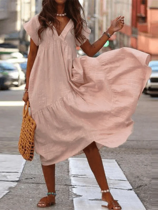 Minimal Style 100% Cotton Casual Loose V-Neck Solid Dress for Women