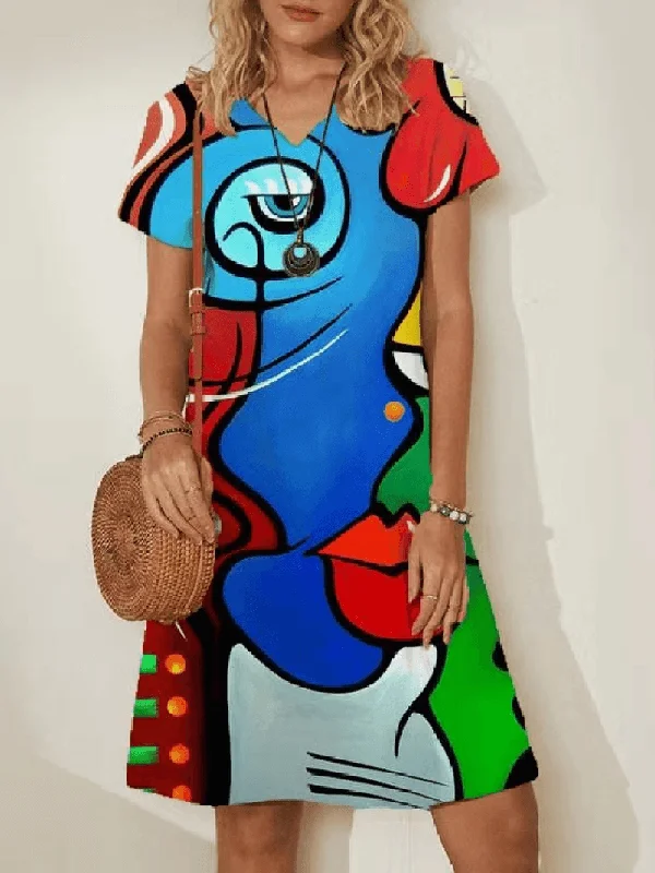 Unique Design Women Abstract Figure Face Printed V-Neck Short Sleeve Casual Midi Dresses