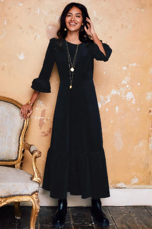 Single item design Victoria Round Neck 3/4 Sleeve Stretch Corduroy Dress | Black