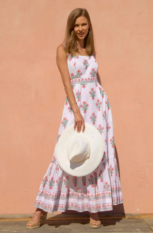 Embroidered Letters Aurelia Block Print Dress | White/Pink