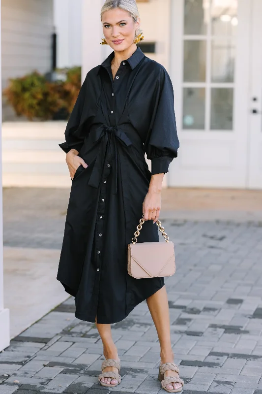 Carefree Style In Your League Black Button Down Midi Dress