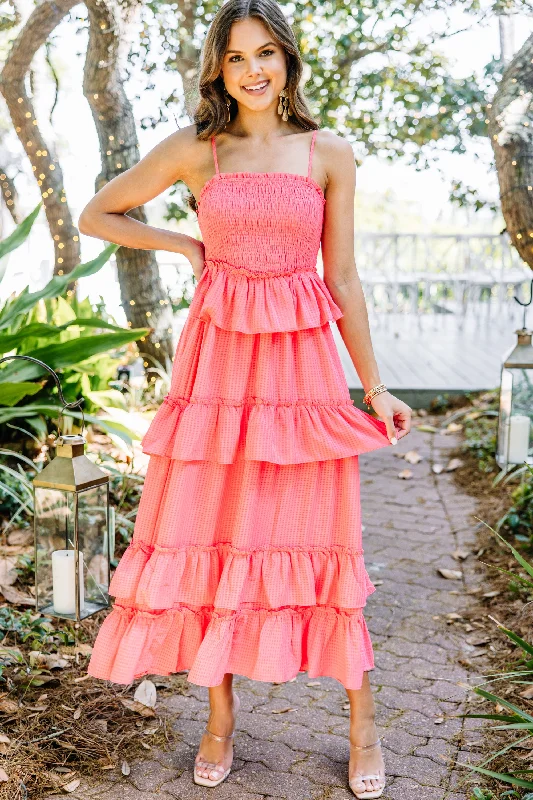 Thin Design Got It All Bright Coral Pink Ruffled Midi Dress