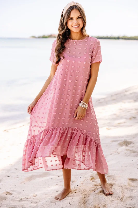 European And American Style Hear The News Mauve Pink Swiss Dot Midi Dress
