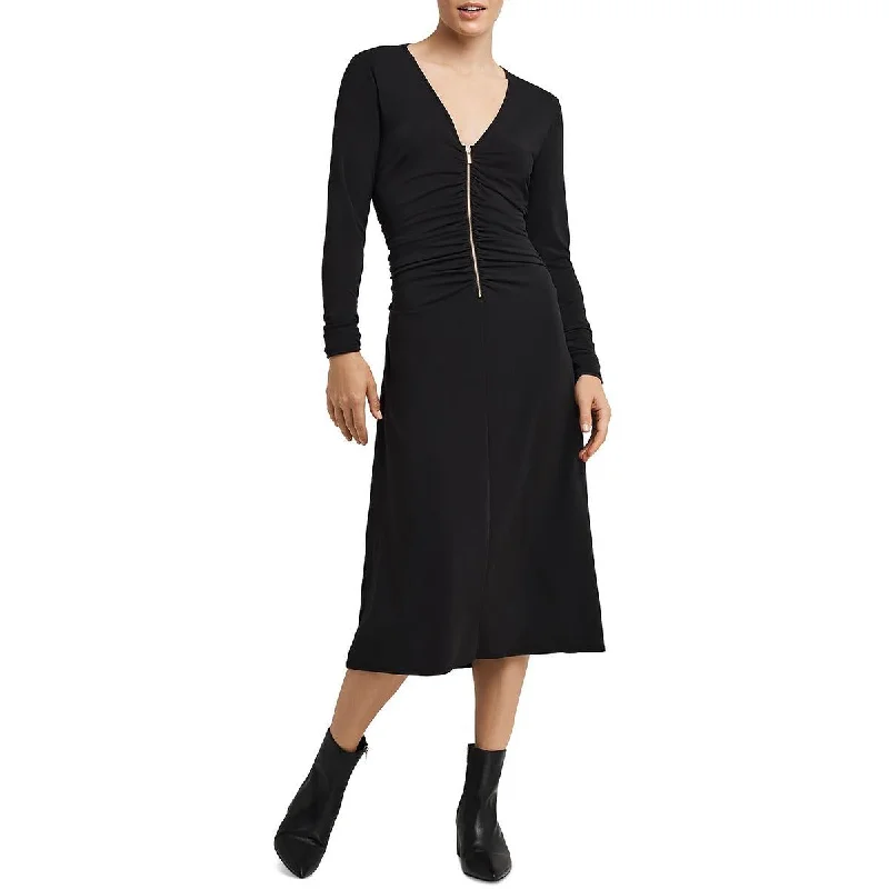 Casual And Casual H Halston Womens Ruched Zip-Front Midi Dress