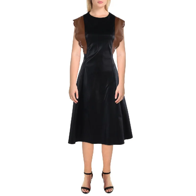 Comfortable And Simple Gracia Womens Faux Leather Colorblock Midi Dress