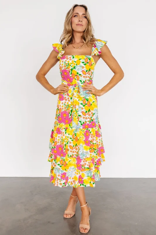Party Wear Dani Ruffle Tiered Midi Dress | Multi Floral