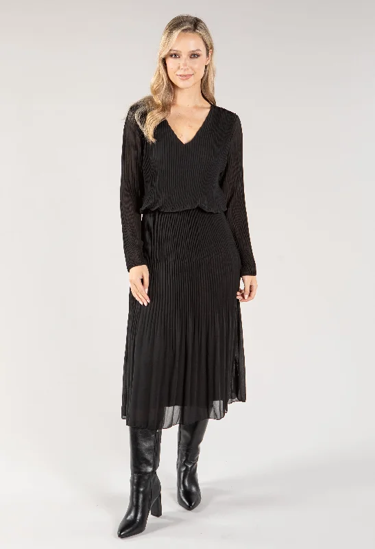 British casual Plisse Pleated Long Sleeve Pop Over Dress