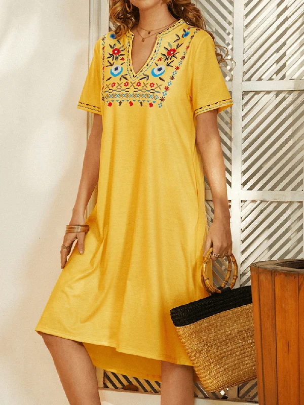 New Products Ethnic Women Notched Neckline Floral Print Bohemian Casual Midi Dress