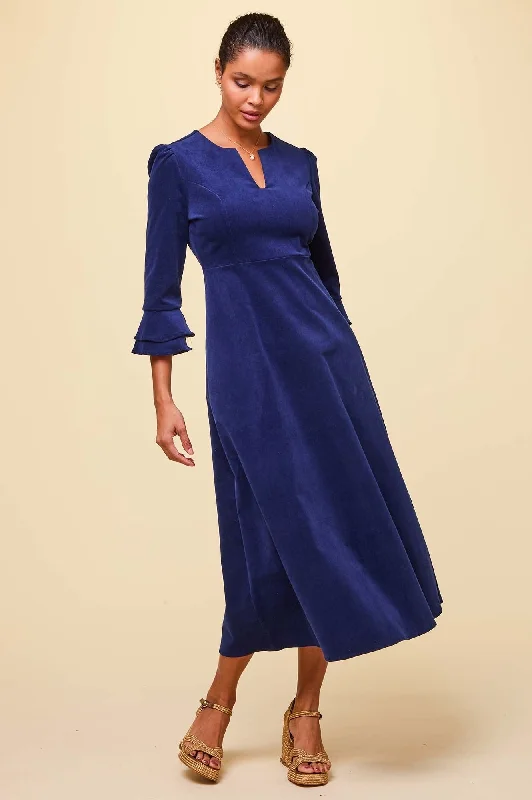 Casual Style Jocelyn V-Neck 3/4 Sleeve Stretch Corduroy Dress | Atlantic Blue