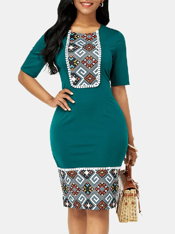 Design Perception Vintage Ethnic Style Patchwork Slim Bodycon Dress