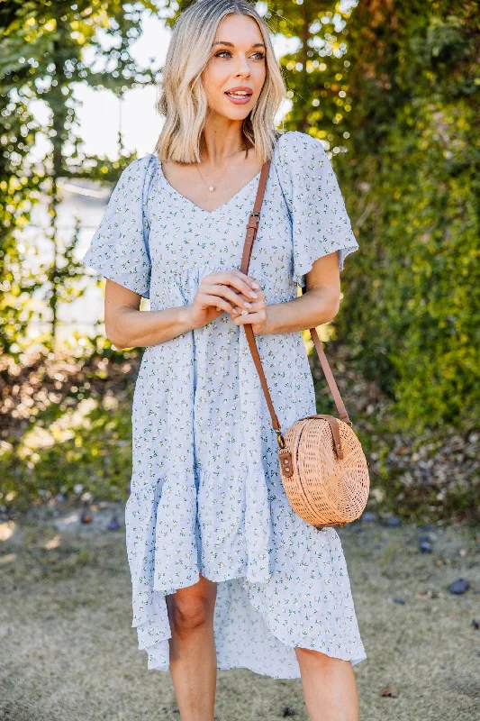 Elegant Style Friendly Reminder Sky Blue Ditsy Floral Midi Dress