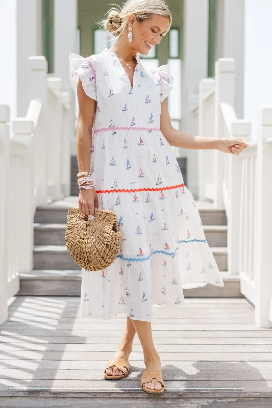 Mid-length Style Created Beauty Cream White Sailboat Midi Dress