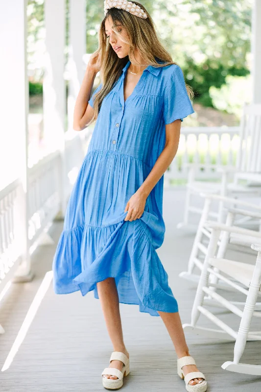 Comfortable And Simple Feel Your Best Crystal Blue Tiered Midi Dress
