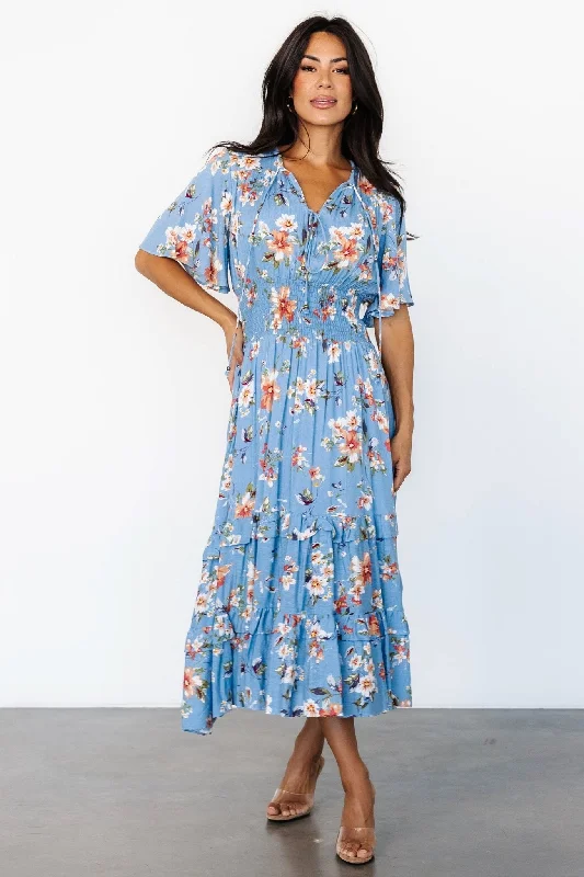 Carefree Style Spell Boho Midi Dress | Blue + Peach Floral