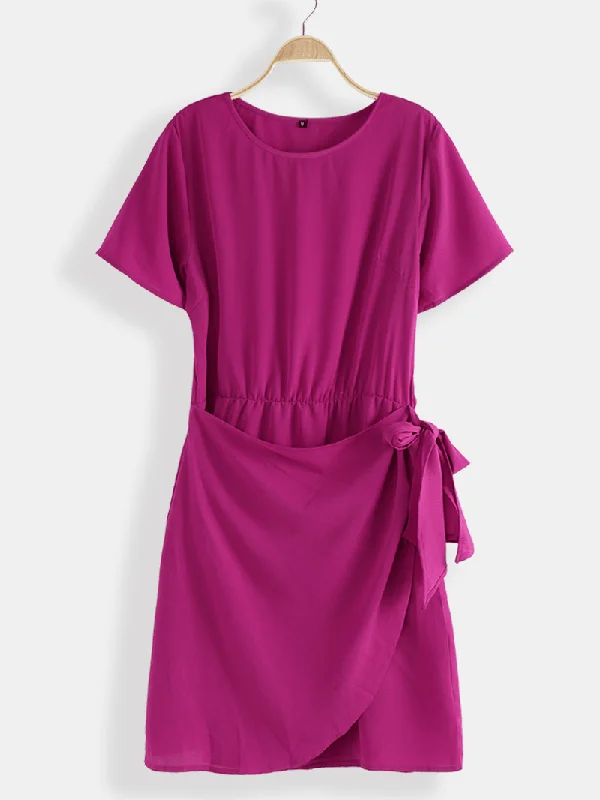 Wearable At Home Or Out Women Solid Color O-Neck Bandage Short Sleeve Mini Dress
