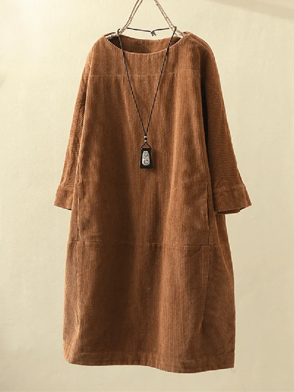 Nightclub Style Plus Size Solid Color Corduroy Crew Neck Vintage Loose Fit Dress