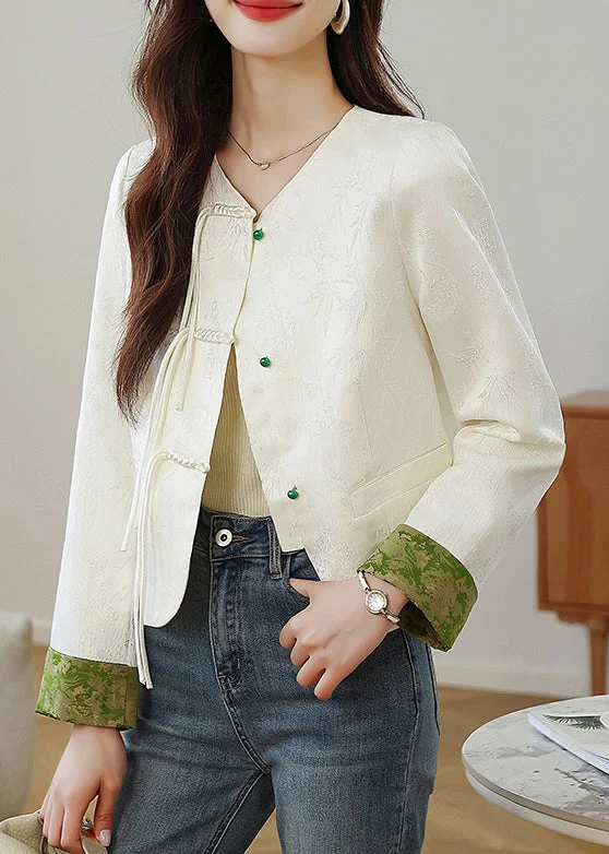 Beautiful Romance Elegant Beige O Neck Print Button Silk Coats Fall