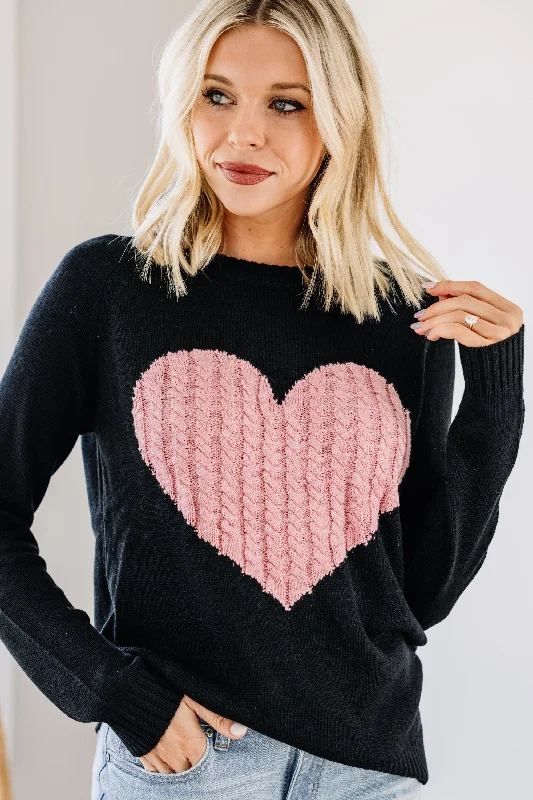 Stretch Design All For Love Black And Pink Heart Sweater