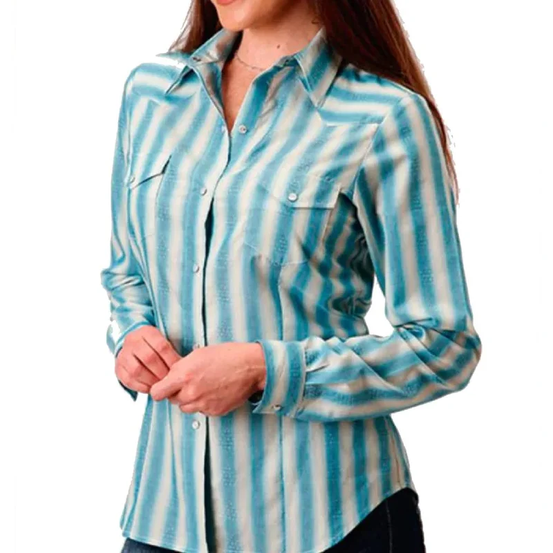 Beautiful Romance Roper Women's Aqua & Cream Ombre Stripe Shirt