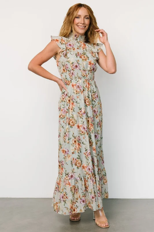 Advanced Customization Kearny Ruffle Maxi Dress | Light Blue Floral + Gold