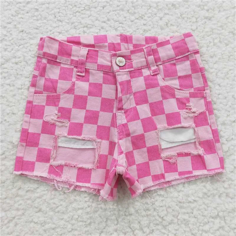 Innovative Design SS0092 Pink plaid jeans baby girls summer denim shorts