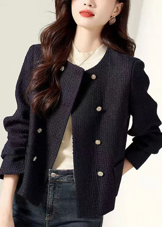 Slim Fit Beautiful Black O Neck Double Breast Patchwork Cotton Coats Fall