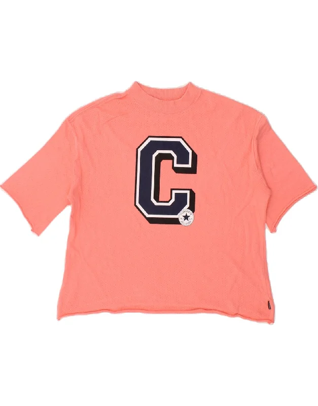 Knitted Design CONVERSE Womens Oversized Crop Graphic T-Shirt Top UK 10 Small Pink