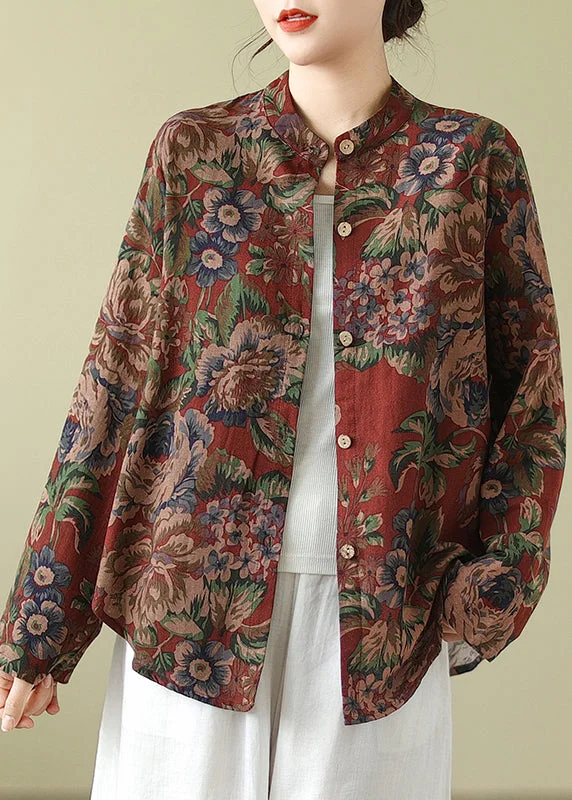 Ultra-lightweight Bohemian Stand Collar Print Button Cotton Coats Fall