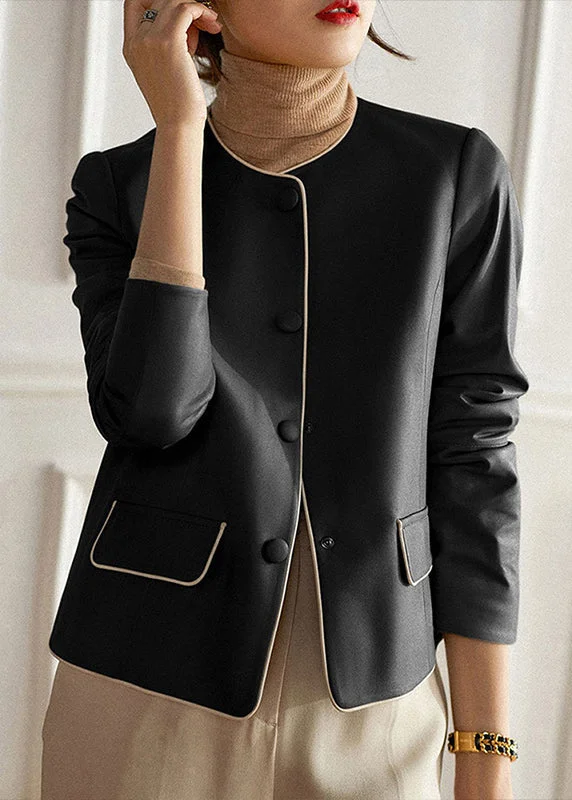 Advanced Customization Modern Black O Neck Button Patchwork Sheepskin Coats Fall