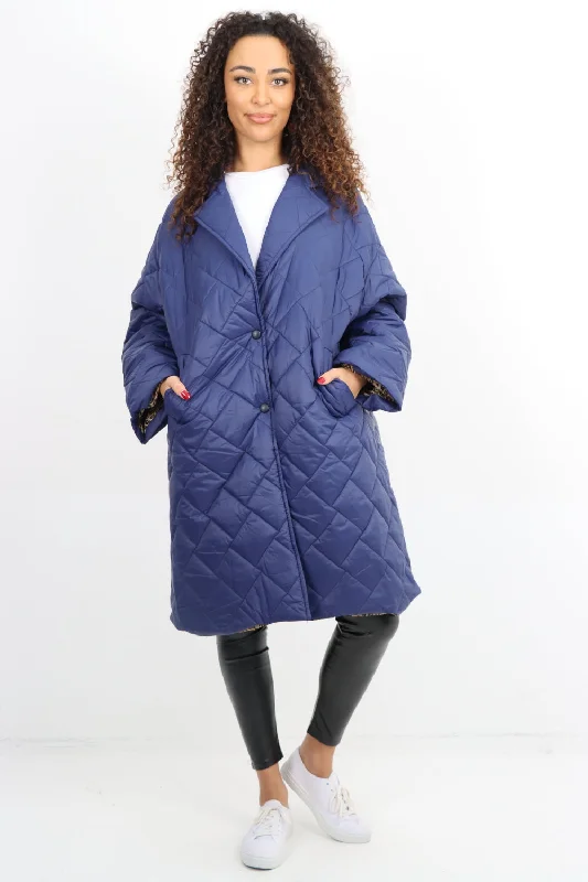 College Style Leopard Lined Quilted Padded Longline Jacket