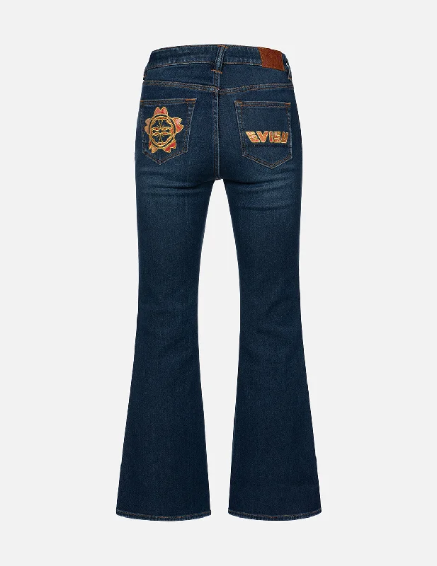 Single-shoulder Neck Design Brocade Kamon and Logo Boot Cut Jeans