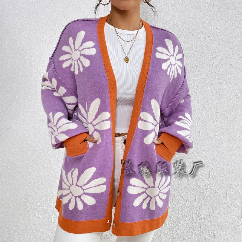 High-waisted pants style Casual Floral Print Knitted Cardigan Coats