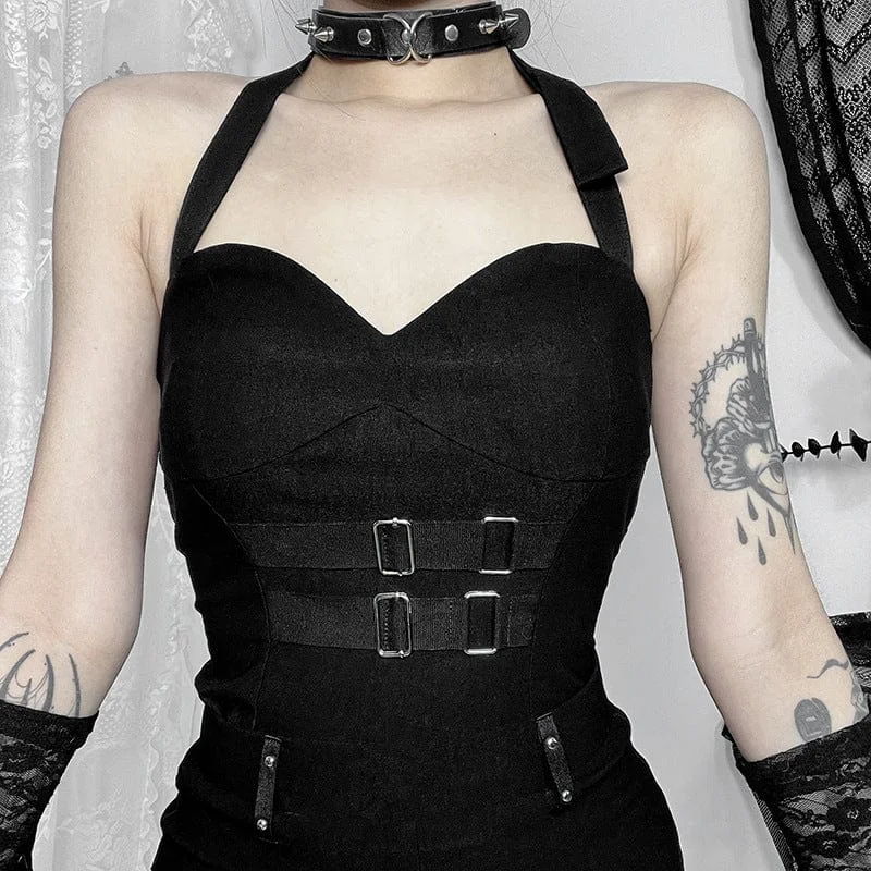 College Style Women's Punk Buckle Strap Halterneck Tank Top