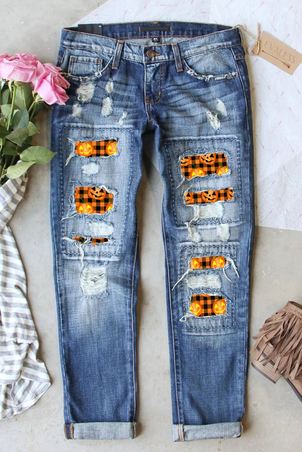 High-end Design Distressed Pumpkin Pattern Jeans with Pockets