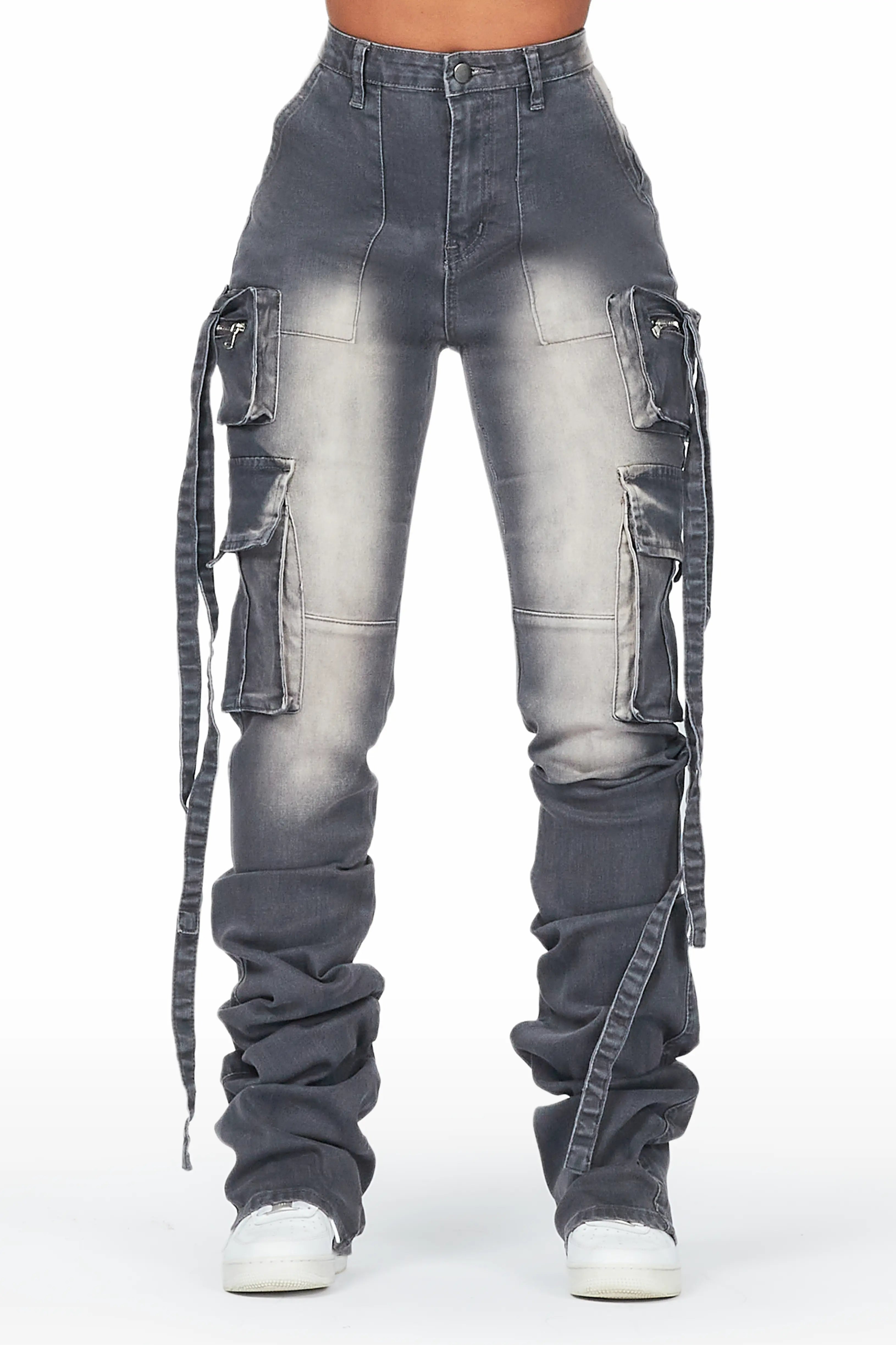 Slim Fit Shariya Grey Wash Cargo Super Stacked Jean