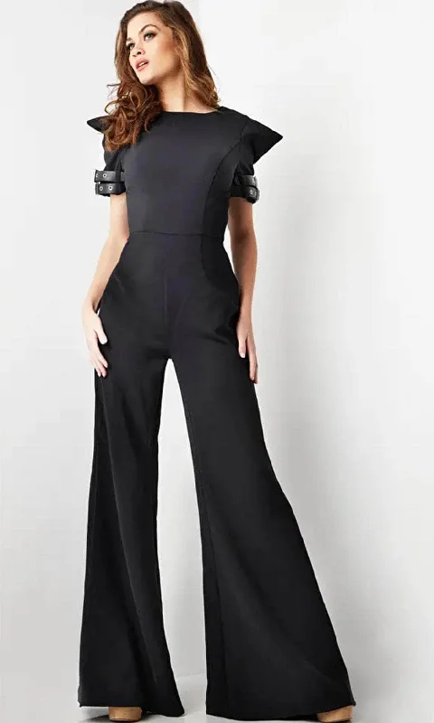 Minimal Style Jovani 36692 - Belt-Like Detailed Short Sleeve Jumpsuit