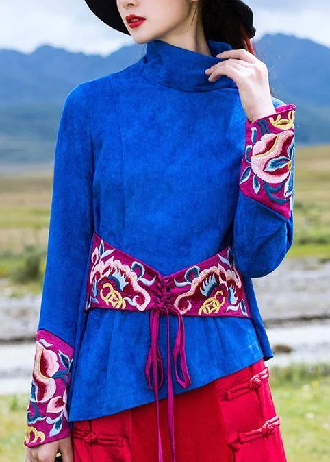 Youthful Beautiful blue cotton crane tops embroidery box high neck blouse
