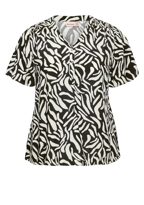 Noble Temperament Simple Wish Curve Relax Printed Button Down Top, Black