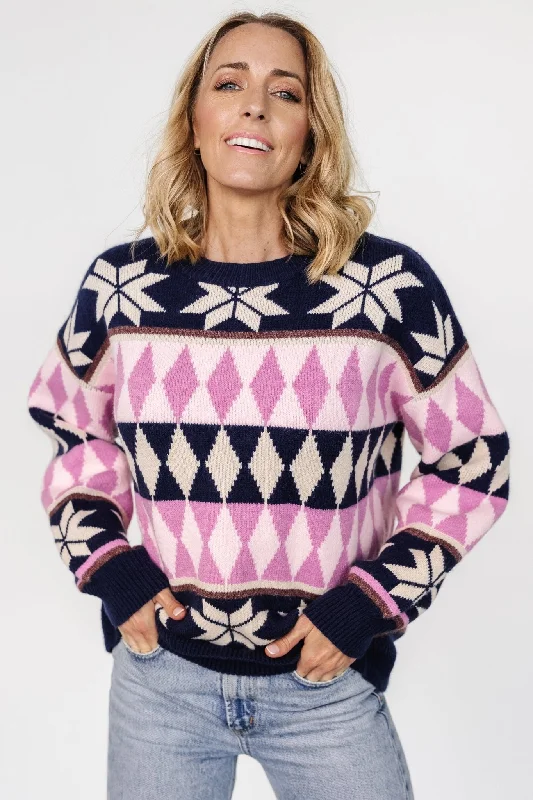 Warm And Comfortable Zermatt Sweater | Navy + Pink Print